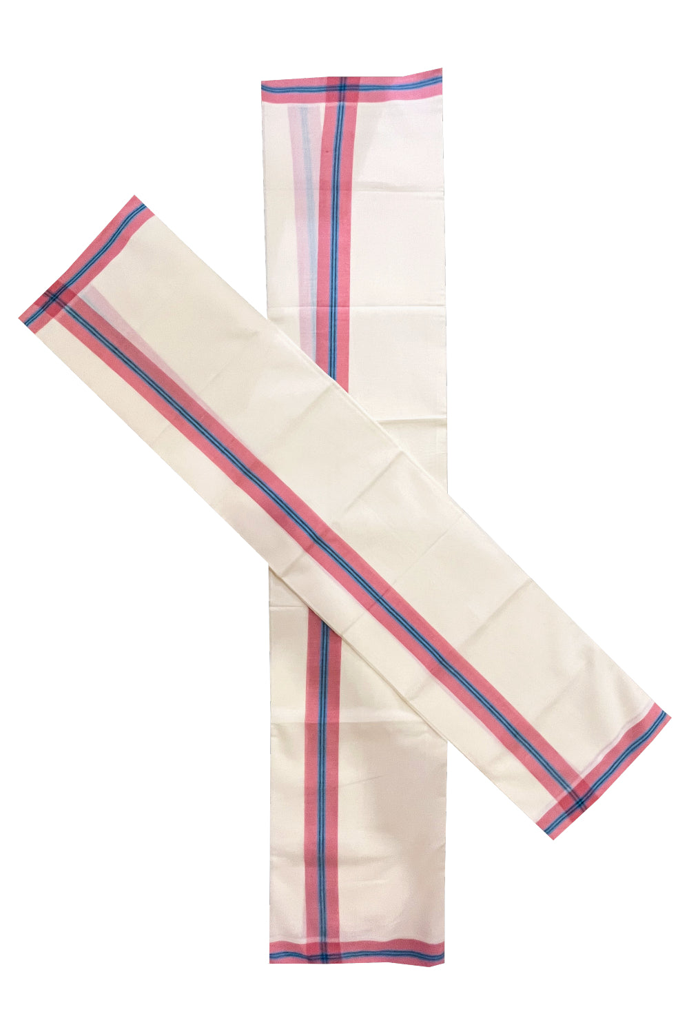 Kerala Mulloth Cotton Single Mundum Neriyathum with Pink Blue Border (Extra Soft Cotton)