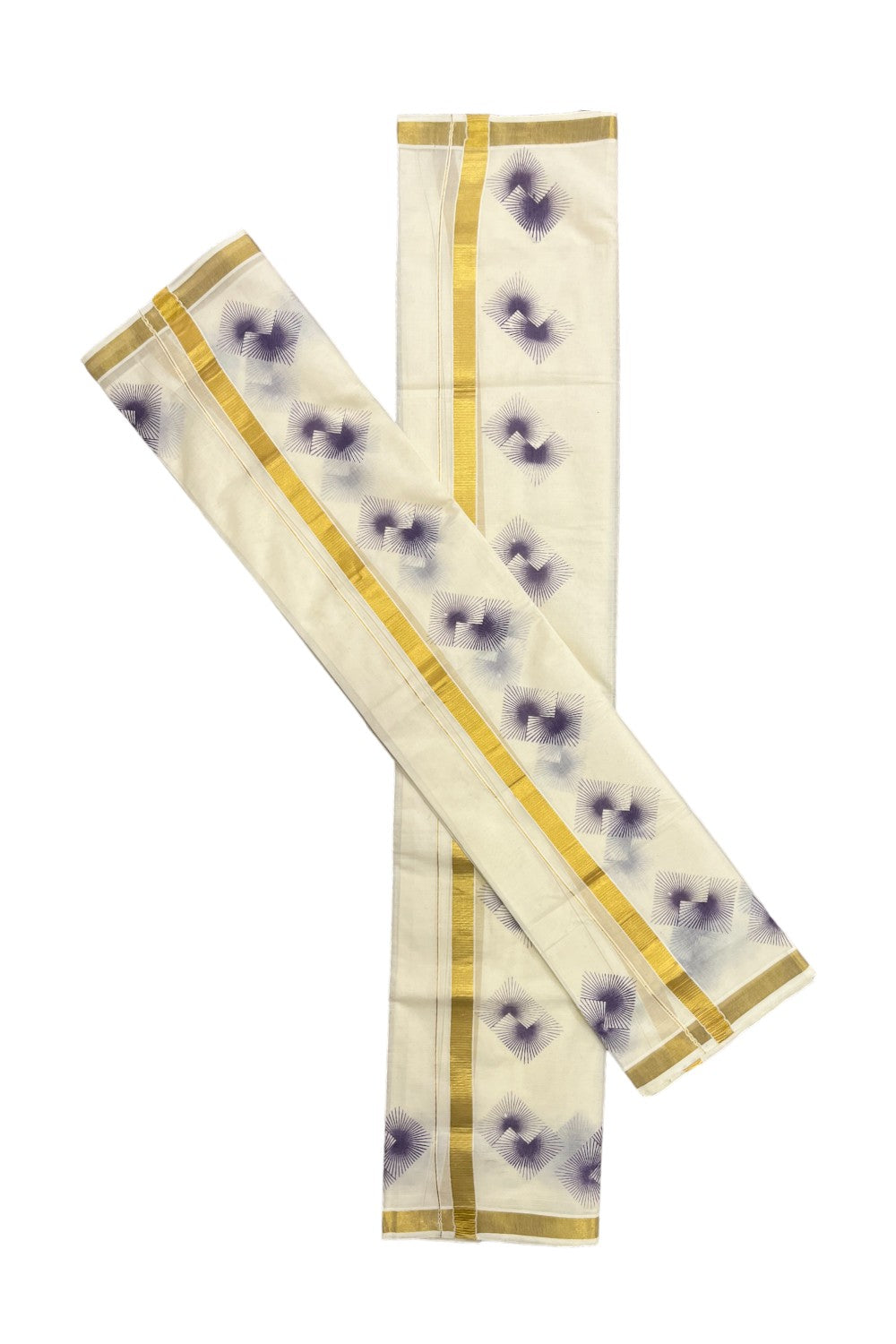 Kerala Cotton Kasavu Set Mundu with Purple Block Prints on Border