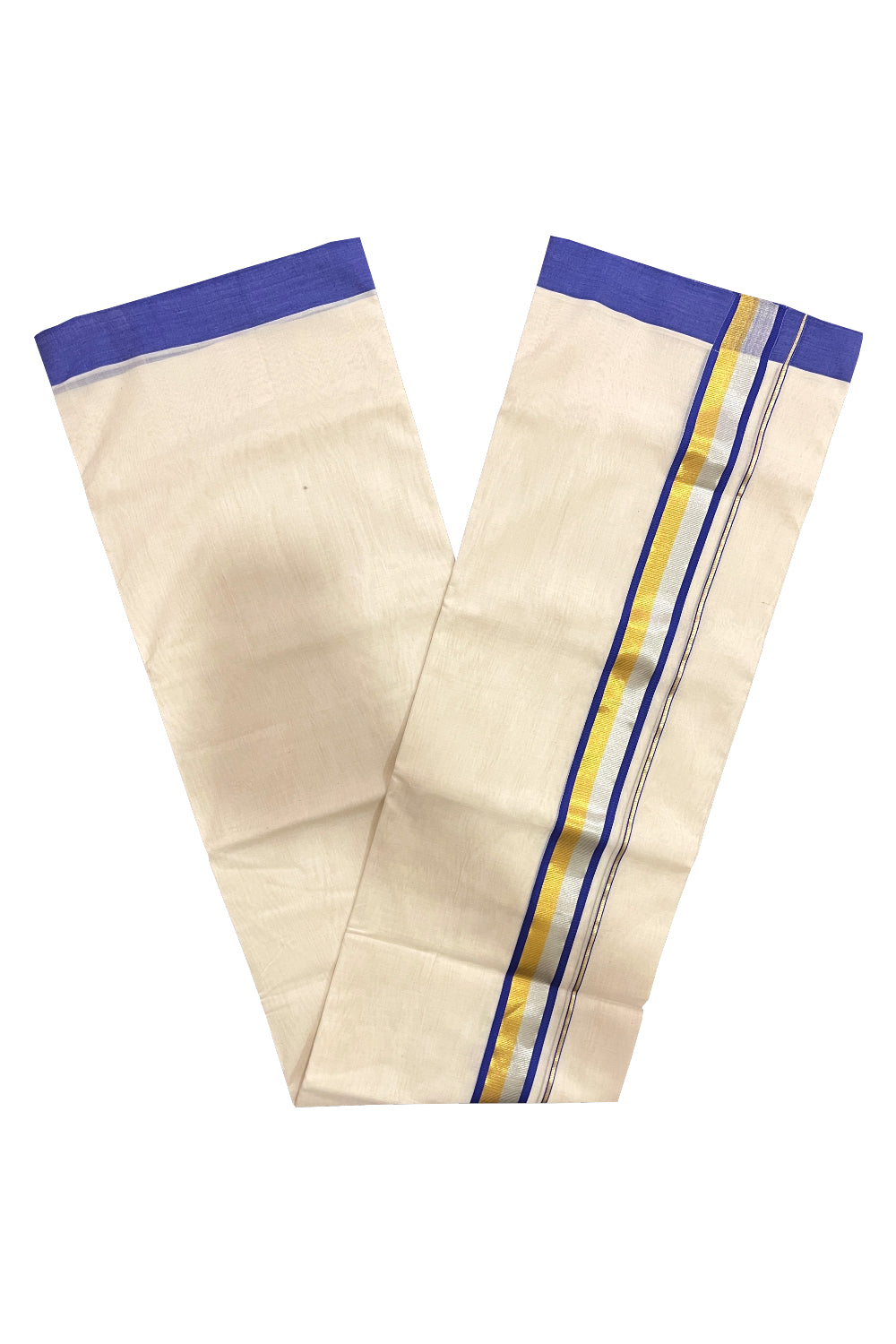 Southloom Premium Balaramapuram Unakkupaavu Handloom Mundu with Blue Silver and Golden Kasavu Border (South Indian Kerala Dhoti)