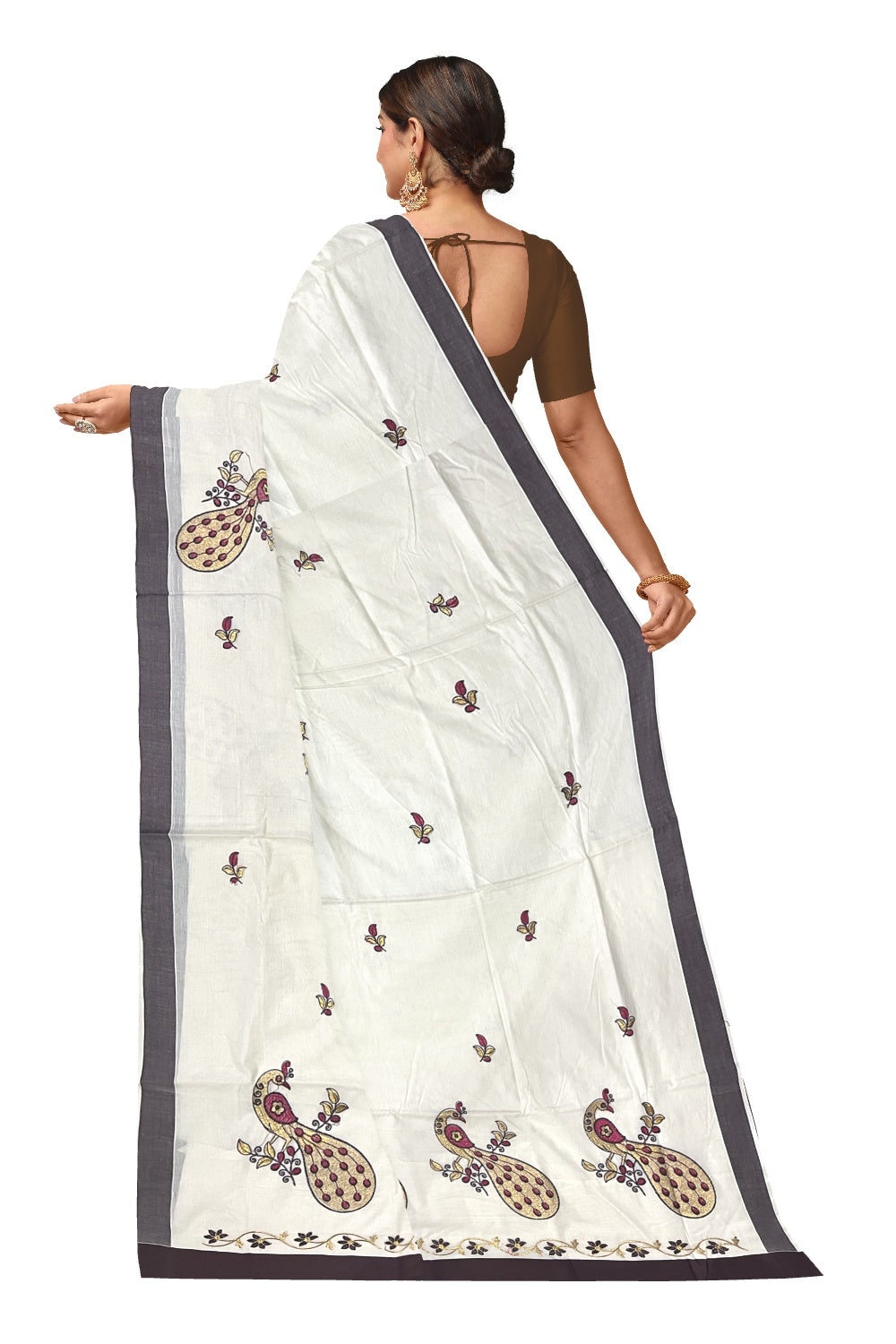 Pure Cotton Kerala Saree with Peacock Embroidery Work and Brown Border (Onam Saree 2023)