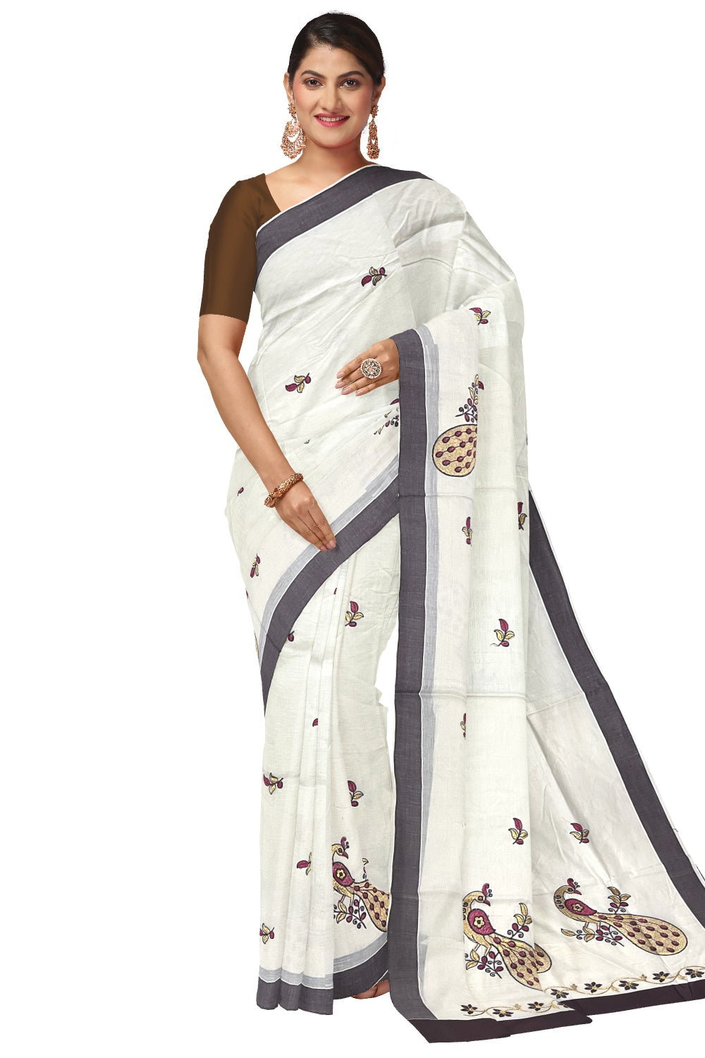 Pure Cotton Kerala Saree with Peacock Embroidery Work and Brown Border (Onam Saree 2023)