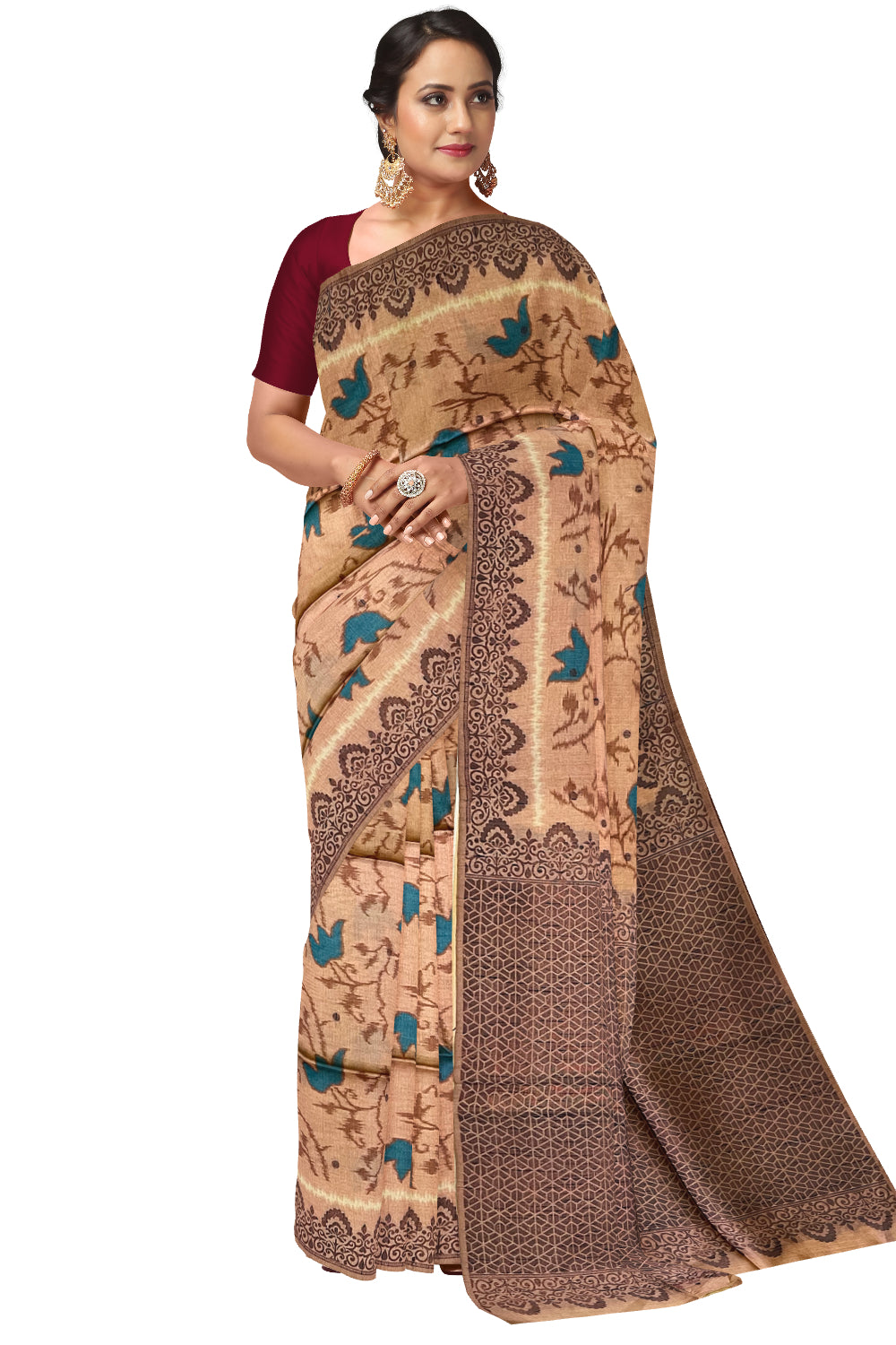 Southloom Semi Tussar Brown Floral Woven Designer Saree