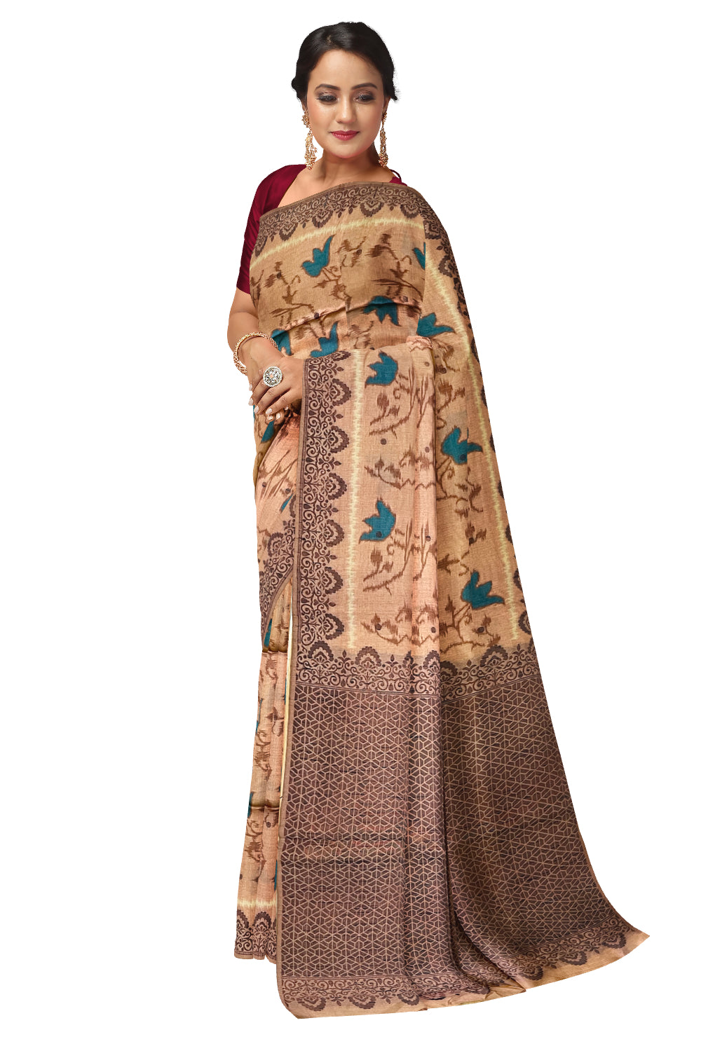 Southloom Semi Tussar Brown Floral Woven Designer Saree