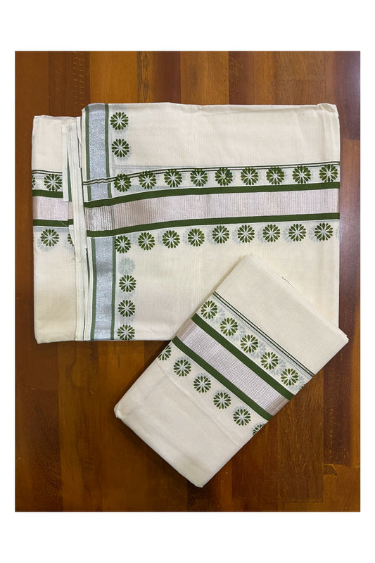 Mundum Neriyathum Single (Set Mundu) with Block Prints on Silver Kasavu and Green Border (Onam 2024 Collection)