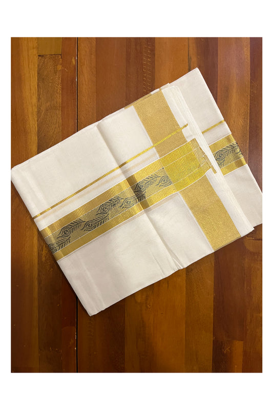 Southloom Premium Handloom Pure Cotton Mundu with Kasavu and Blue Feather Woven Border (Onam Mundu 2023)