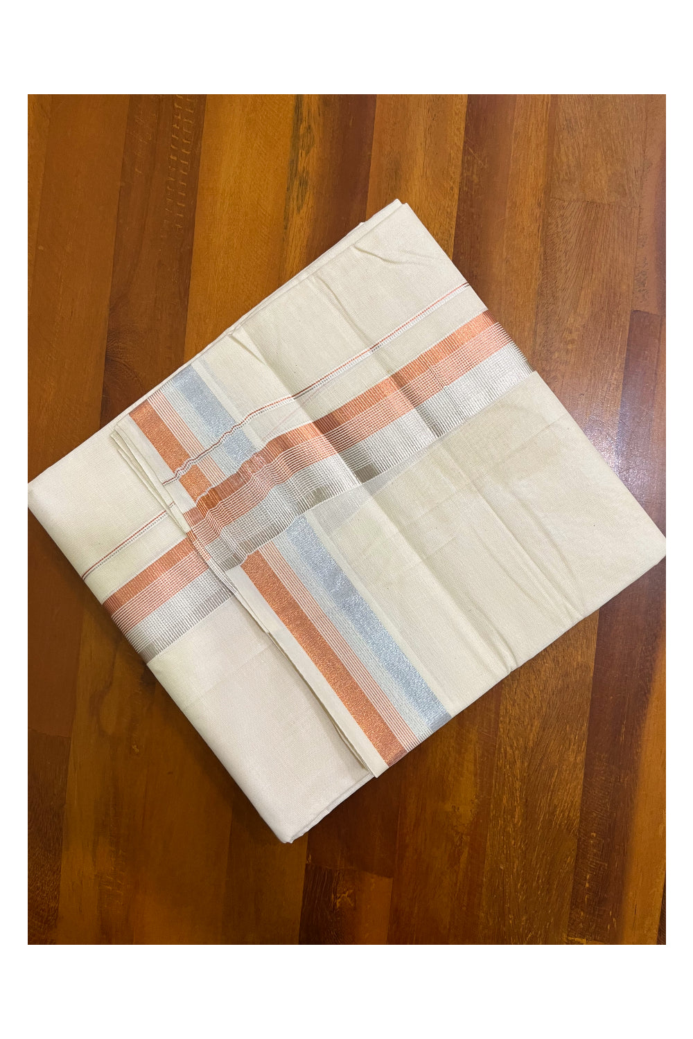 Off White Pure Cotton Kerala Mundu with Silver and Copper Kasavu Border (South Indian Kerala Dhoti)