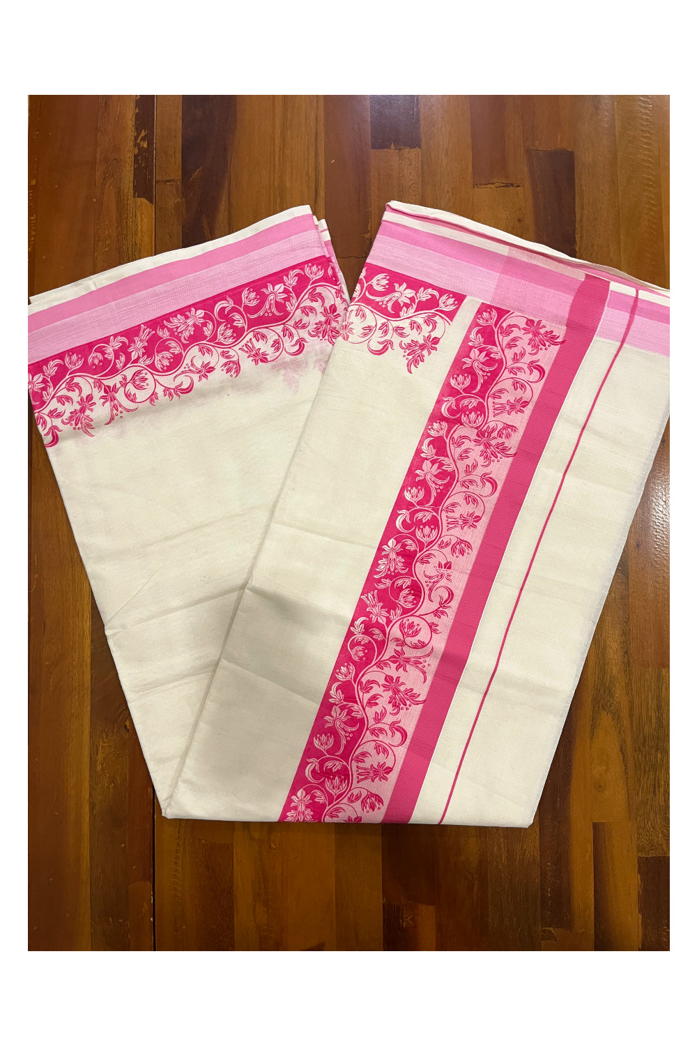 Kerala Cotton Saree with Pink Floral Block Printed Border