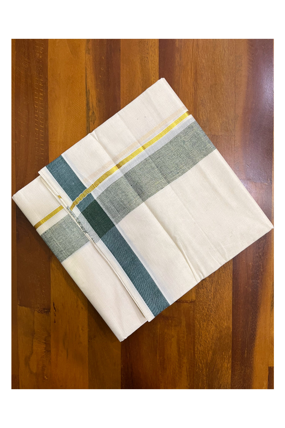 Kerala Pure Cotton Double Mundu with Green Kasavu Border (South Indian Kerala Dhoti)