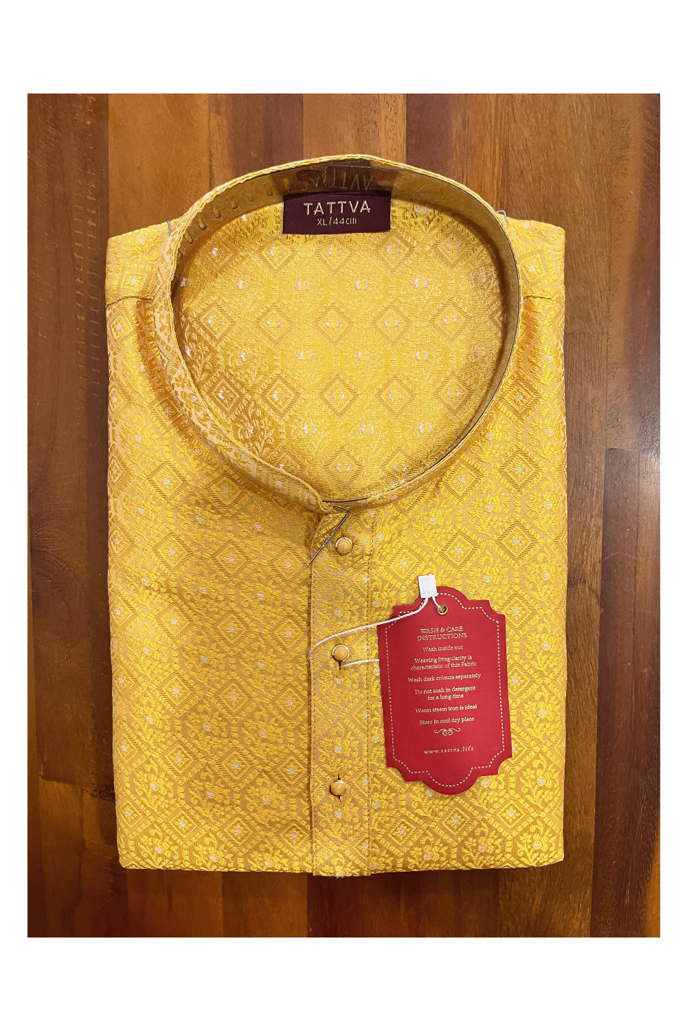 Southloom Yellow Woven Patterns Semi Silk Short Kurta for Men