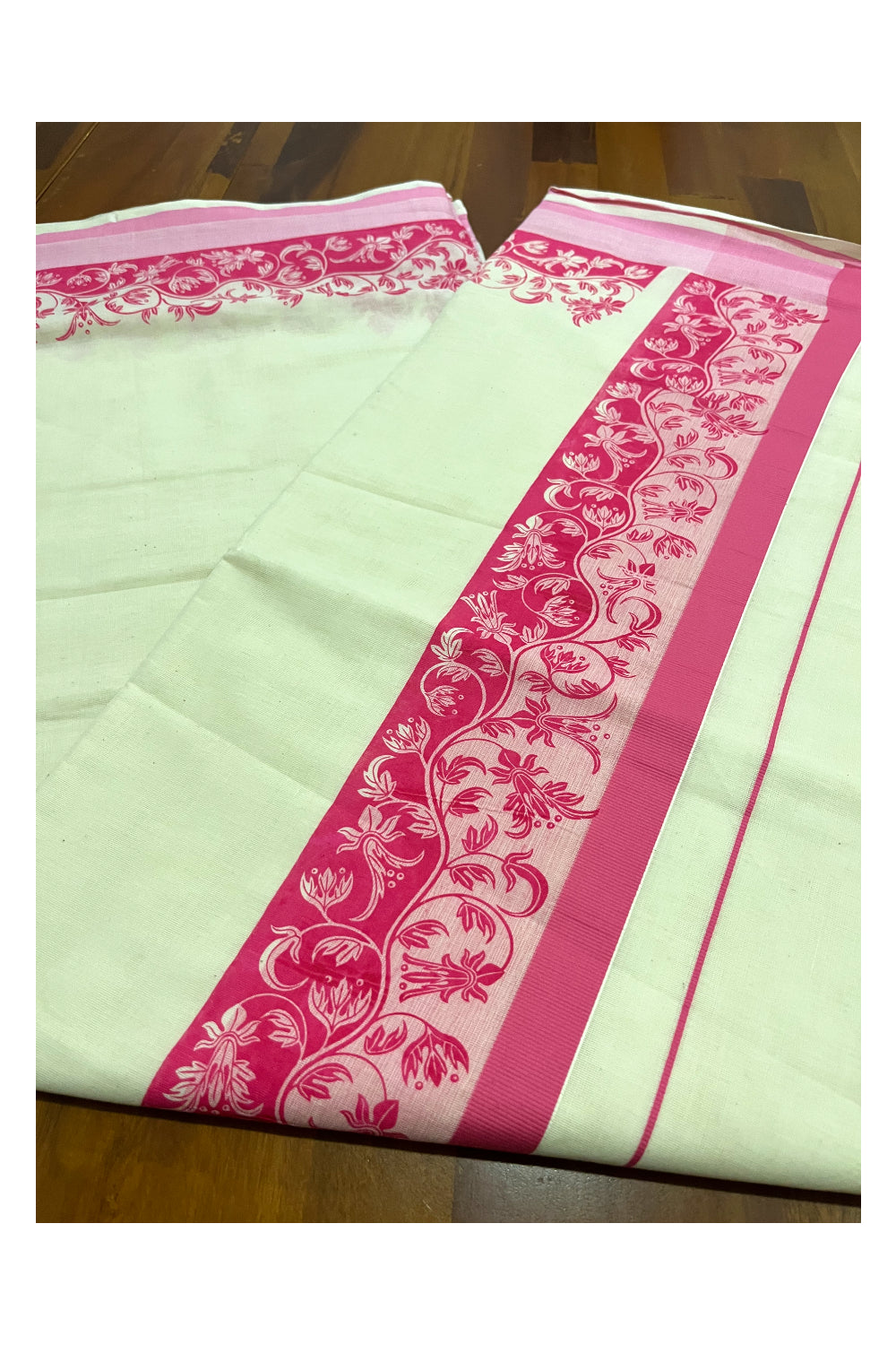 Kerala Cotton Saree with Pink Floral Block Printed Border