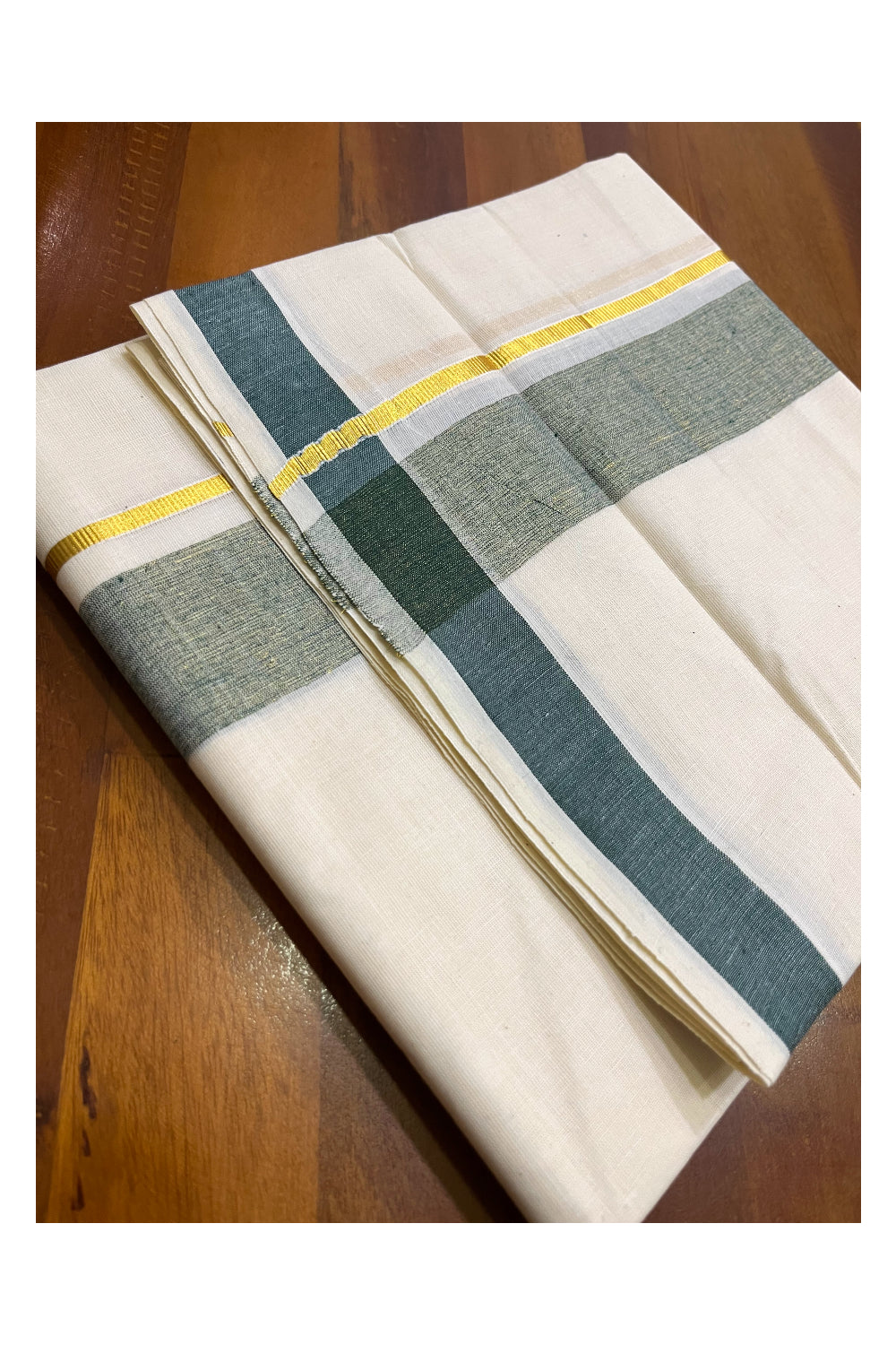 Kerala Pure Cotton Double Mundu with Green Kasavu Border (South Indian Kerala Dhoti)