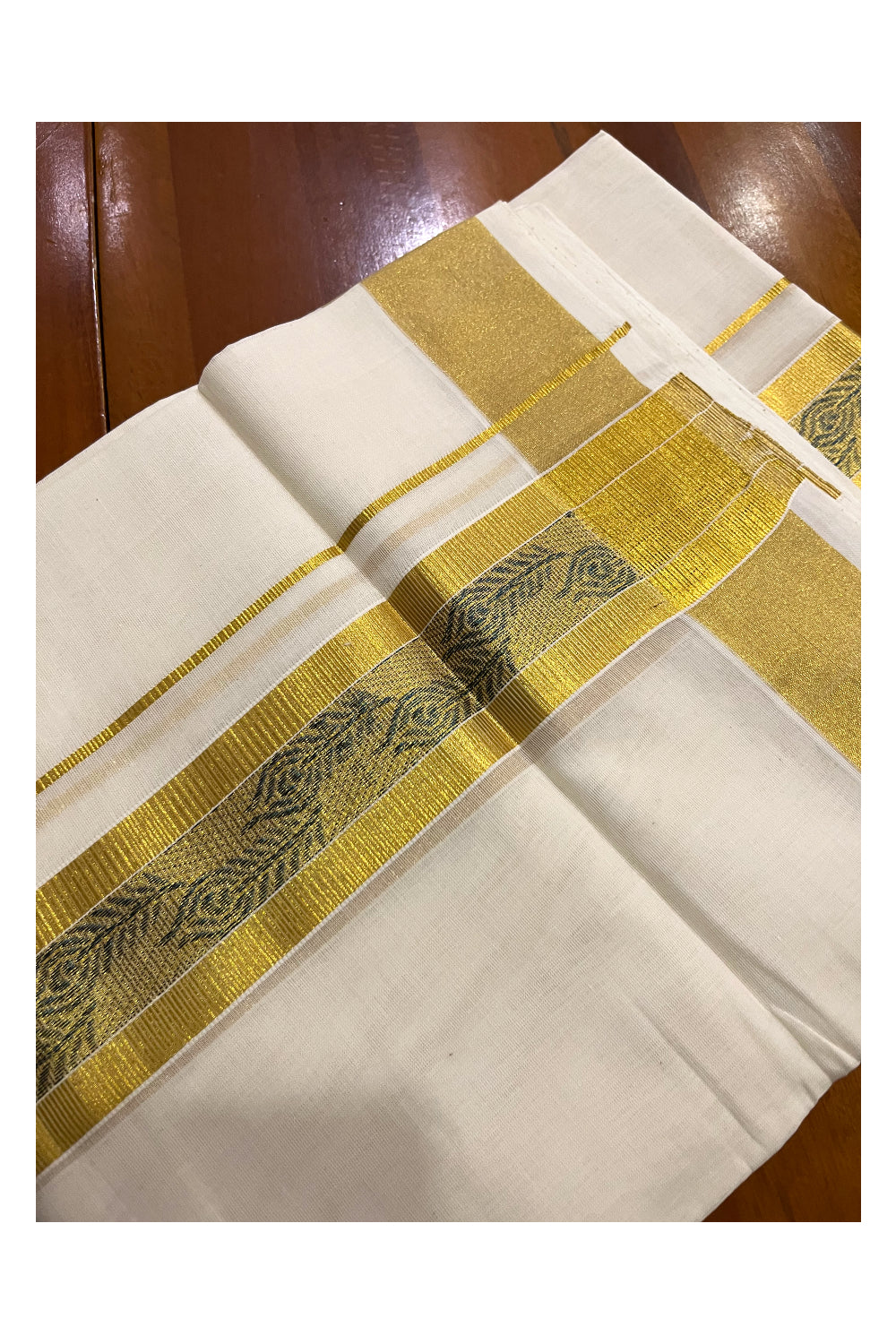 Southloom Premium Handloom Pure Cotton Mundu with Kasavu and Blue Feather Woven Border (Onam Mundu 2023)