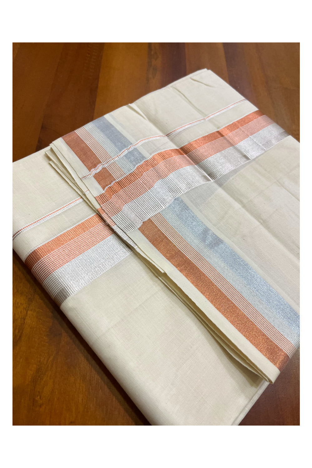 Off White Pure Cotton Kerala Mundu with Silver and Copper Kasavu Border (South Indian Kerala Dhoti)