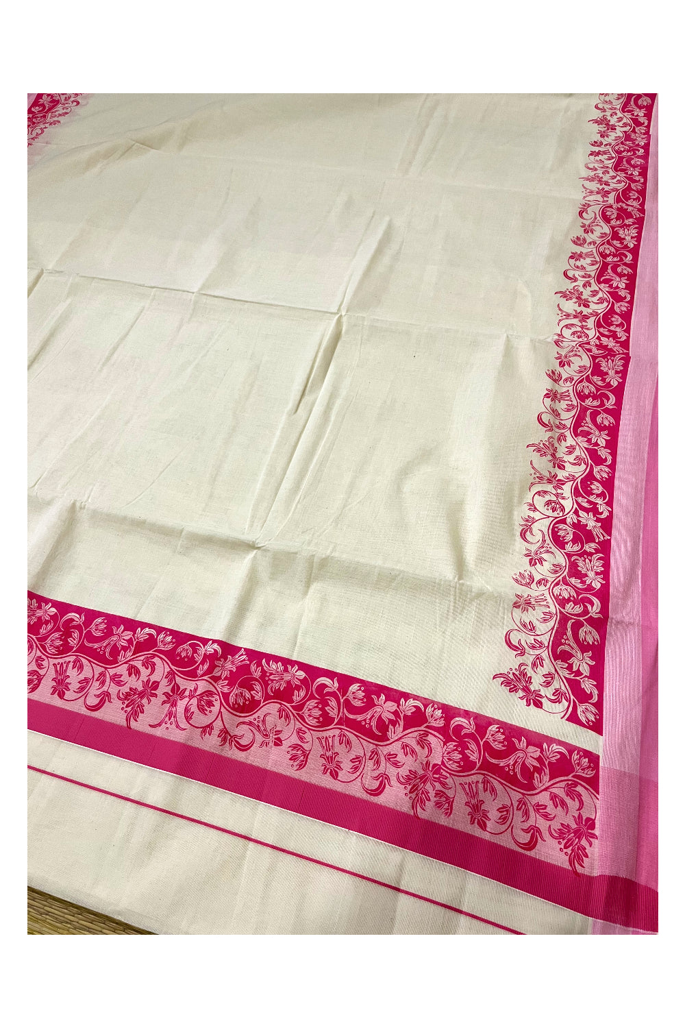 Kerala Cotton Saree with Pink Floral Block Printed Border