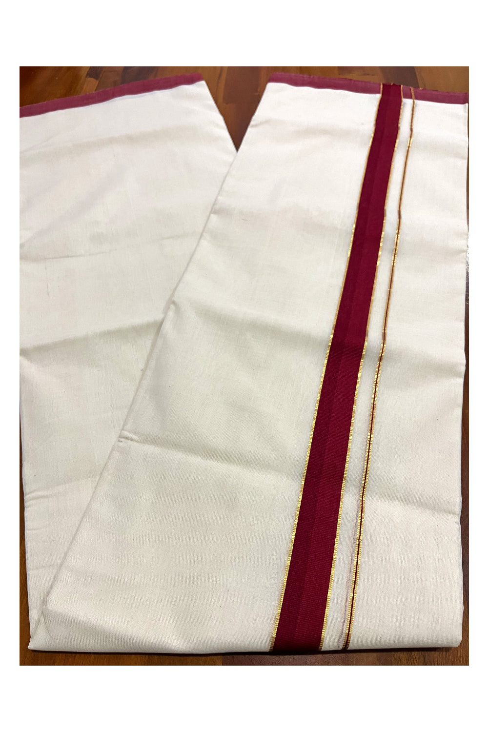 Southloom Premium Balaramapuram Unakkupaavu Handloom Mundu with Kasavu Mundu with and Maroon Border (South Indian Kerala Dhoti)