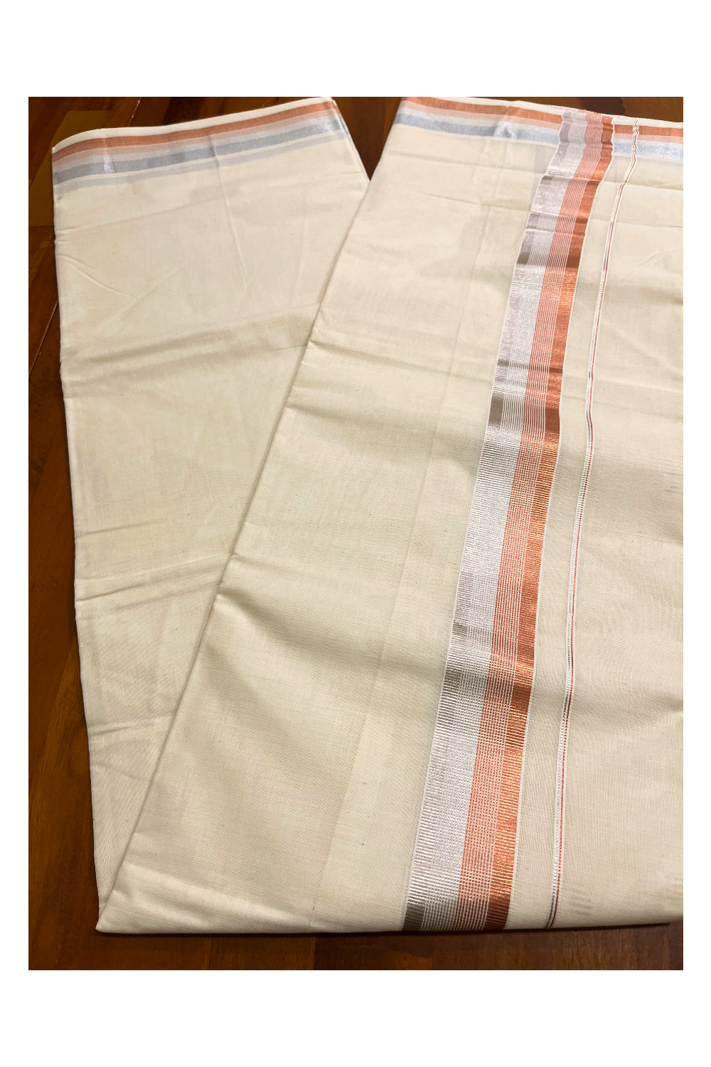 Off White Pure Cotton Kerala Mundu with Silver and Copper Kasavu Border (South Indian Kerala Dhoti)