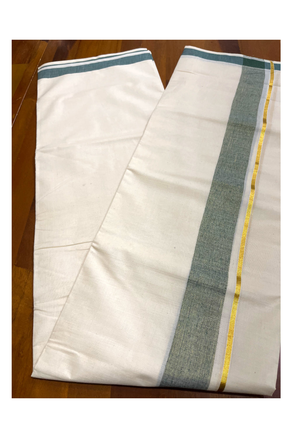 Kerala Pure Cotton Double Mundu with Green Kasavu Border (South Indian Kerala Dhoti)