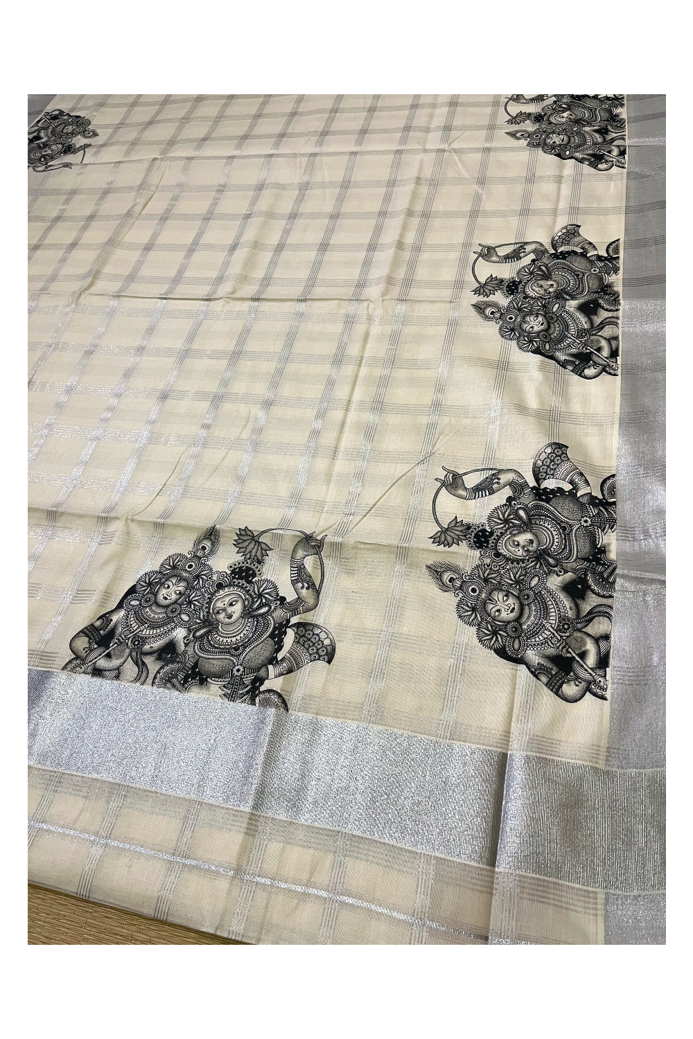 Pure Cotton Kerala Silver Kasavu Check Design Saree with Krishna Radha Mural Prints and Black Border (Onam Saree 2023)