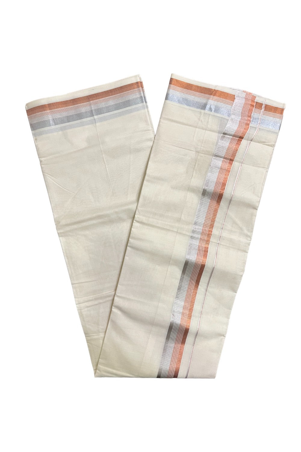 Off White Pure Cotton Kerala Mundu with Silver and Copper Kasavu Border (South Indian Kerala Dhoti)