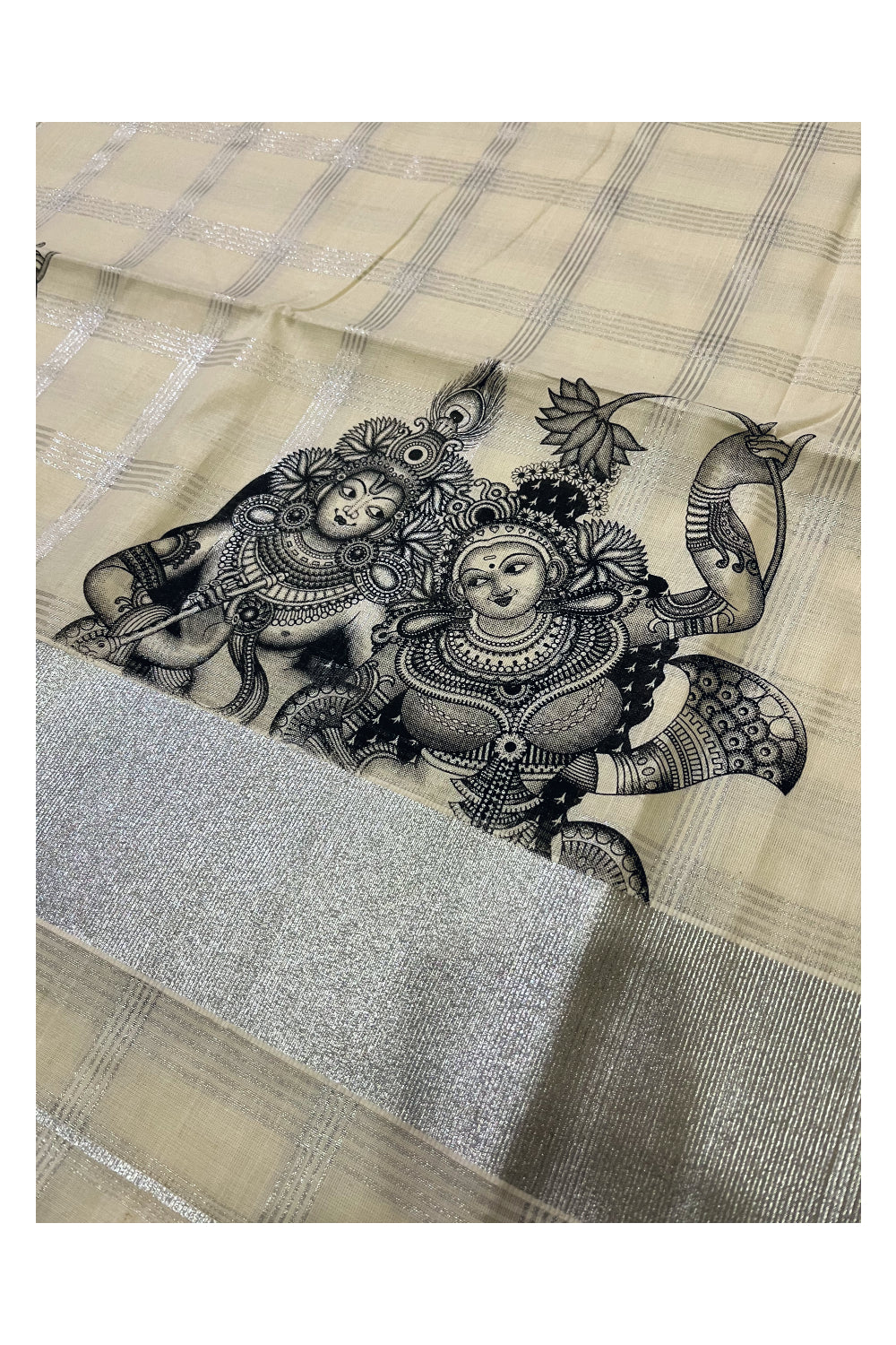 Pure Cotton Kerala Silver Kasavu Check Design Saree with Krishna Radha Mural Prints and Black Border (Onam Saree 2023)