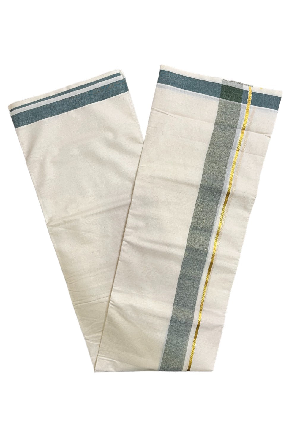 Kerala Pure Cotton Double Mundu with Green Kasavu Border (South Indian Kerala Dhoti)