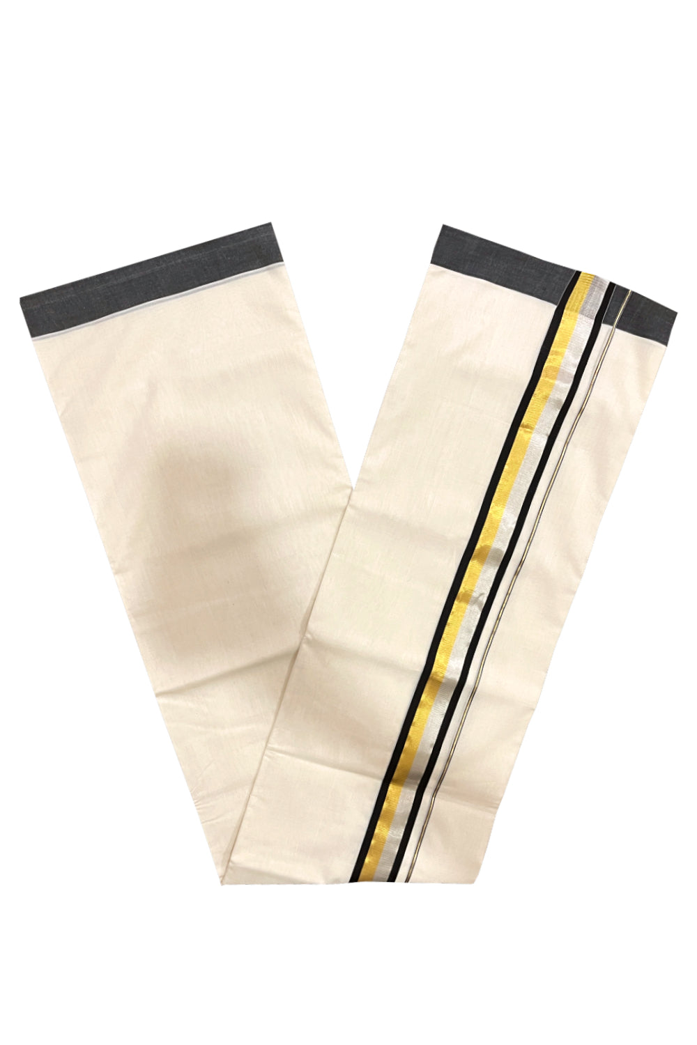 Southloom Premium Balaramapuram Unakkupaavu Handloom Mundu with Black Silver and Golden Kasavu Border (South Indian Kerala Dhoti)