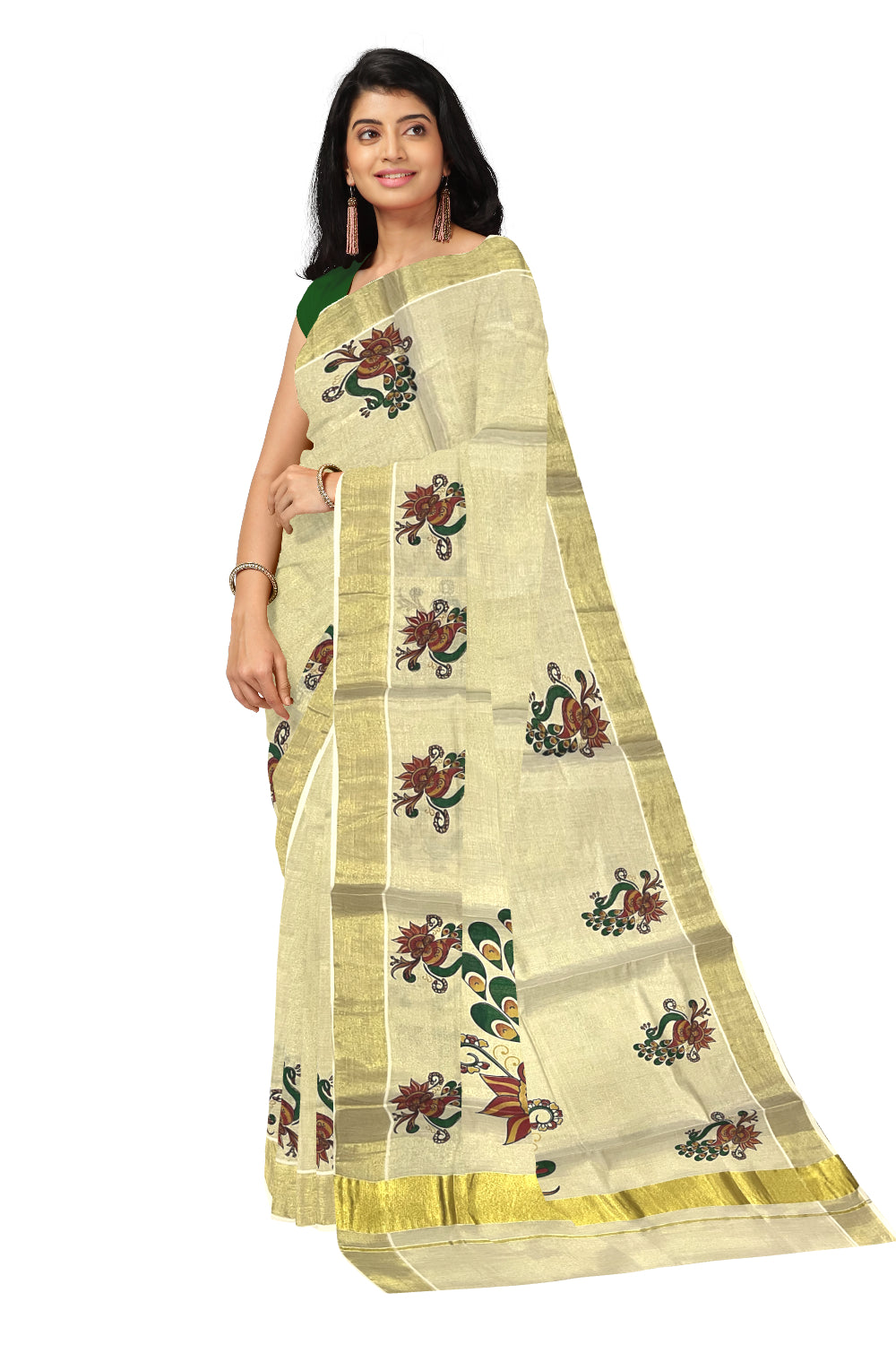 Kerala Tissue Kasavu Onam 2023 Saree With Peacock Mural Design