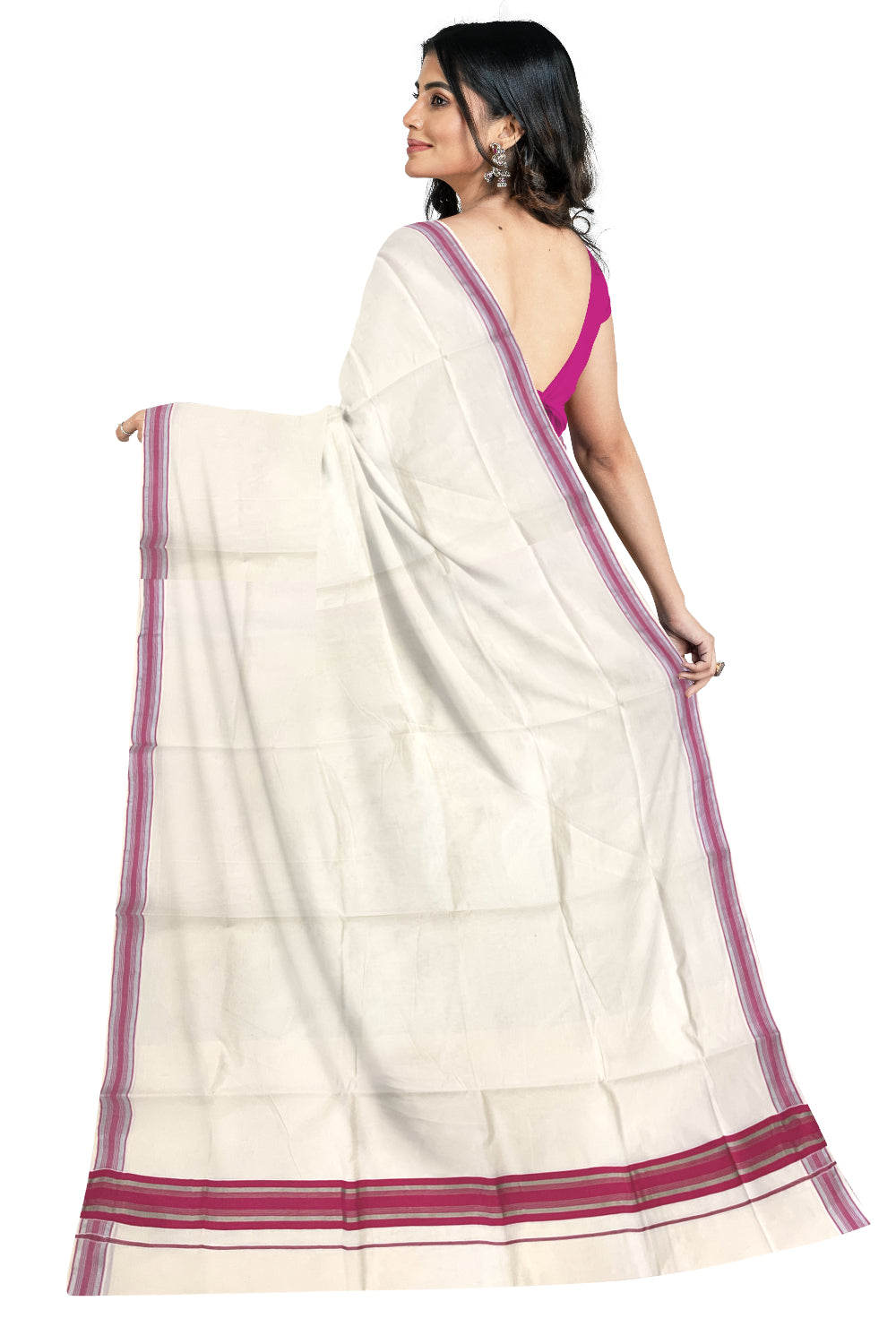 Pure Cotton Kerala Saree with Bright Magenta and Silver Kasavu Border (Onam Saree 2023)