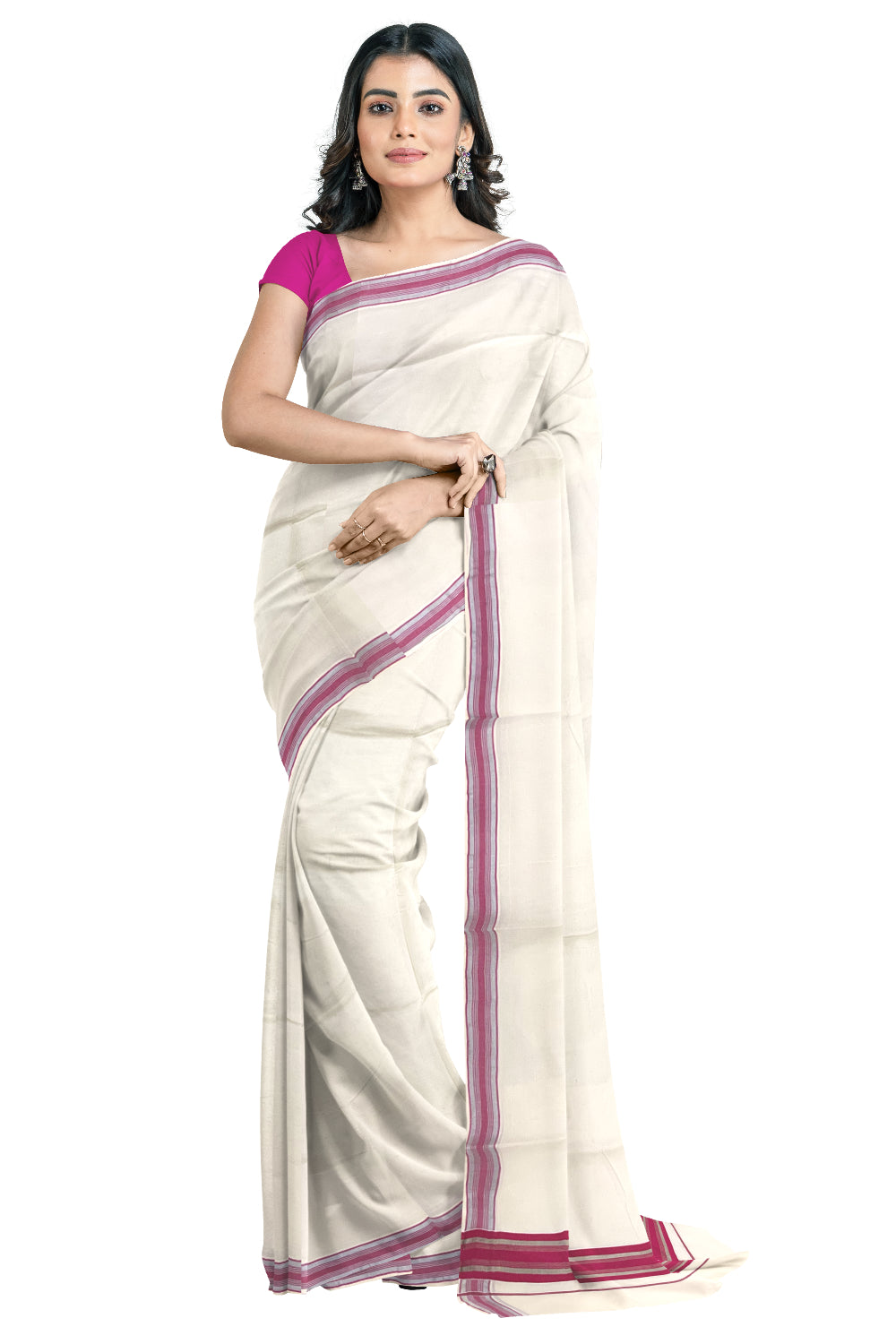 Pure Cotton Kerala Saree with Bright Magenta and Silver Kasavu Border (Onam Saree 2023)