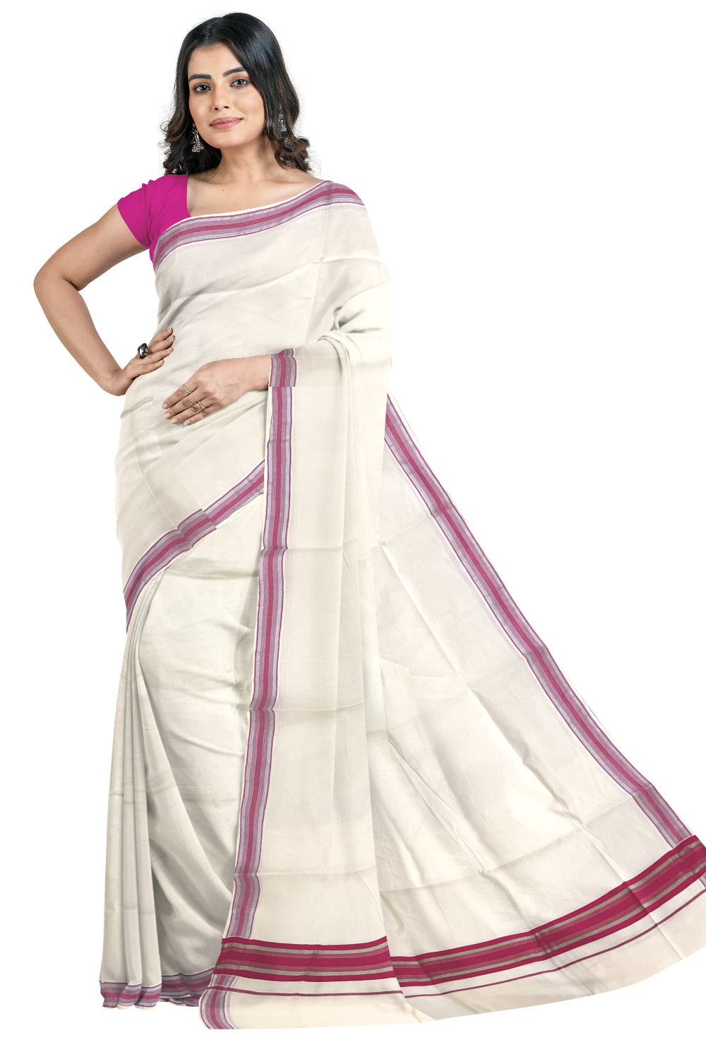 Pure Cotton Kerala Saree with Bright Magenta and Silver Kasavu Border (Onam Saree 2023)