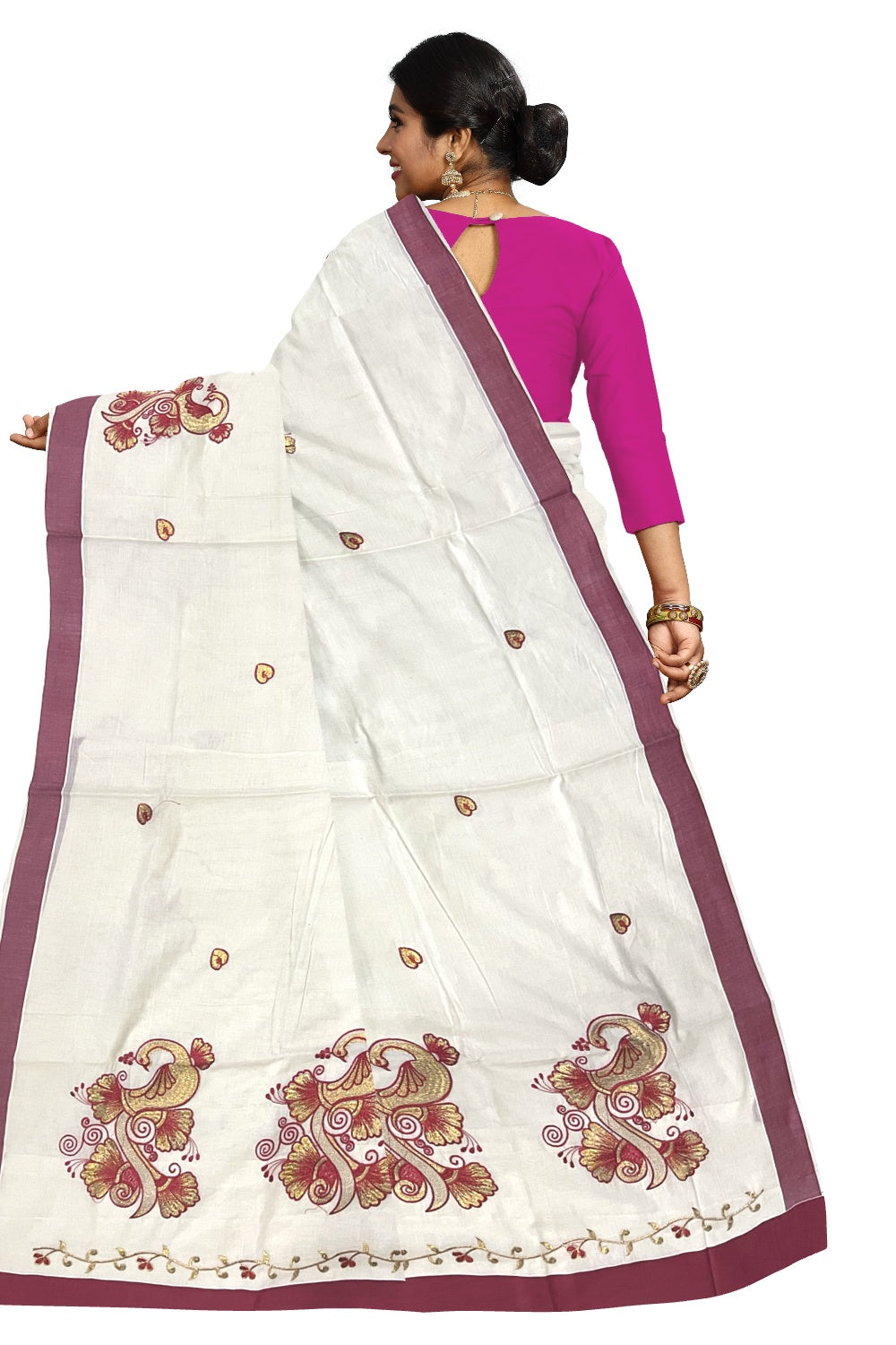 Pure Cotton Kerala Saree with Peacock Floral Embroidery Work and Red Border (Onam Saree 2023)