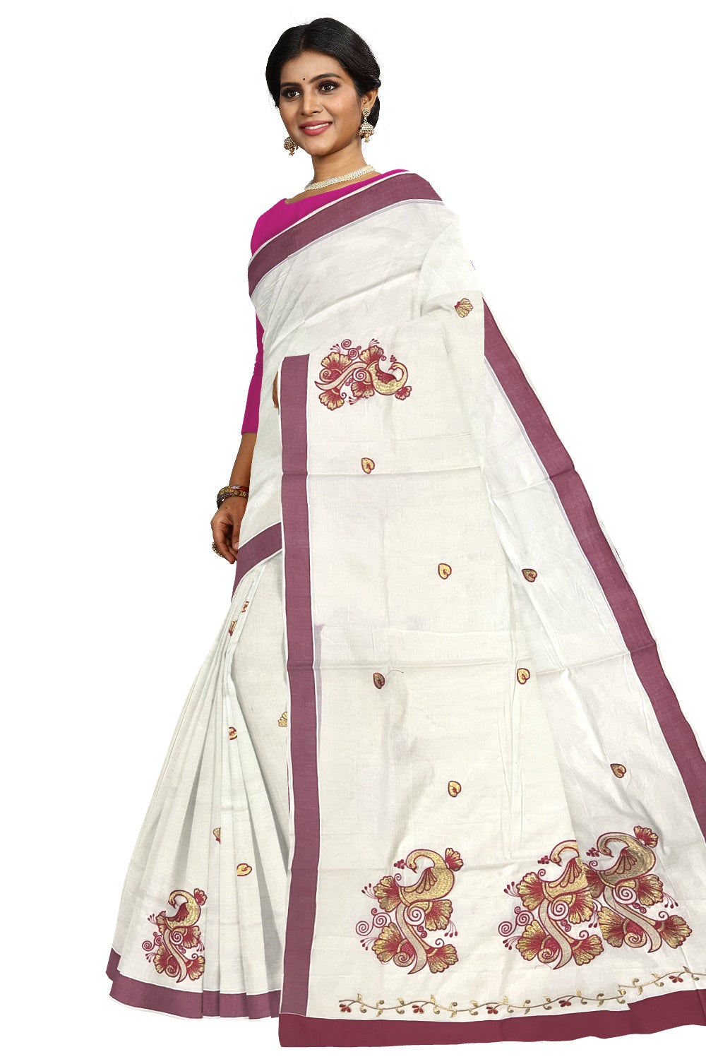 Pure Cotton Kerala Saree with Peacock Floral Embroidery Work and Red Border (Onam Saree 2023)