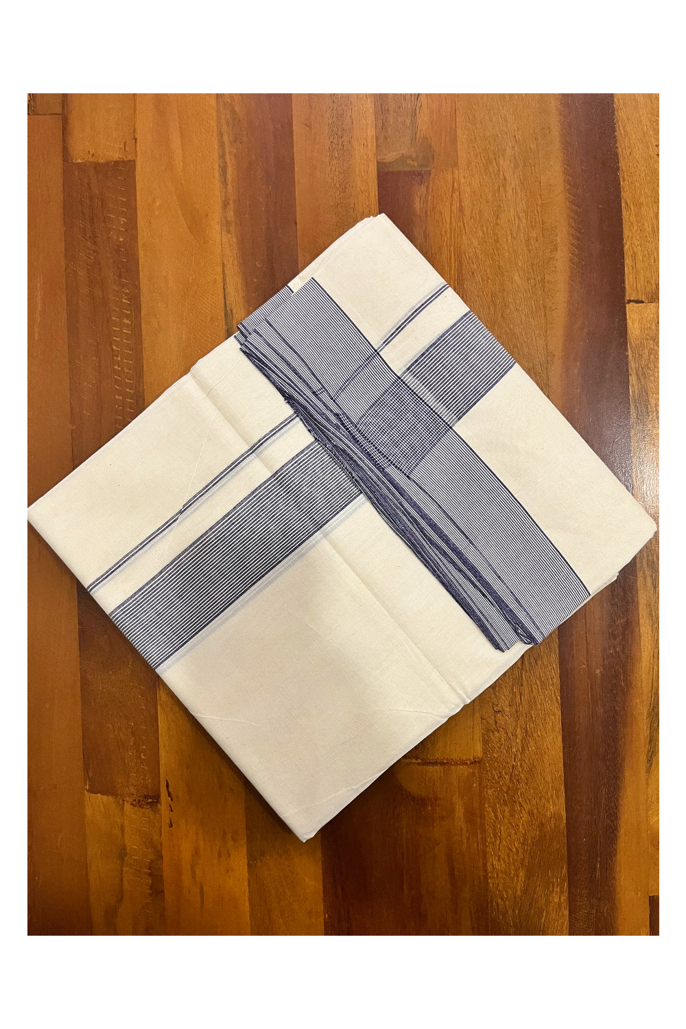 Pure Cotton 100x100 Double Mundu with Blue Line Border (South Indian Kerala Dhoti)