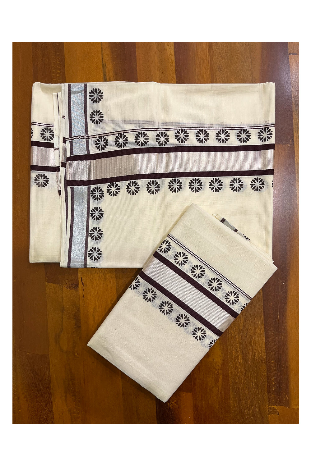 Mundum Neriyathum Single (Set Mundu) with Block Prints on Silver Kasavu and Brown Border (Onam 2024 Collection)