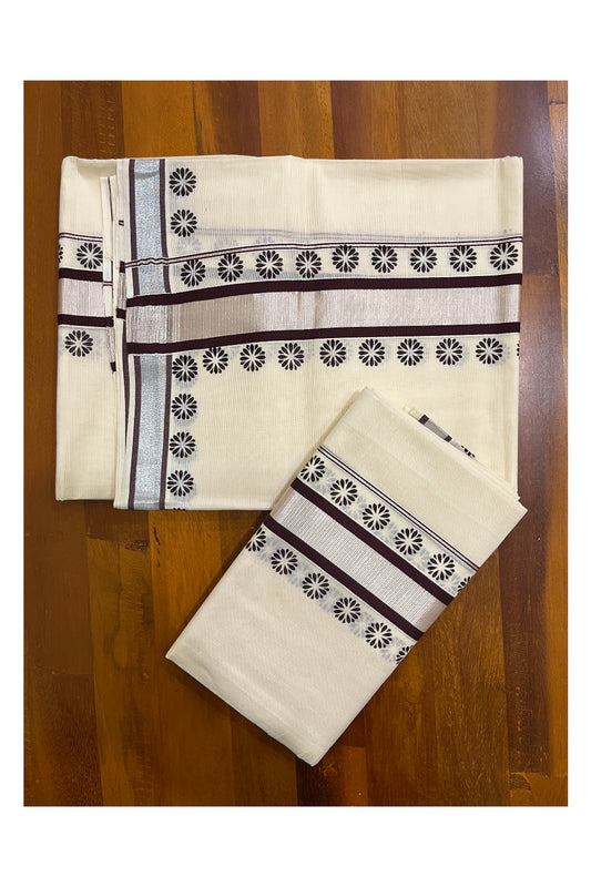 Mundum Neriyathum Single (Set Mundu) with Block Prints on Silver Kasavu and Brown Border