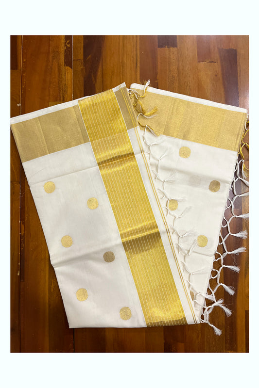 Southloom Premium Handloom Cotton Kasavu Saree with Golden Polka Woven Designs Across the Body (Vishu 2024 Collection)