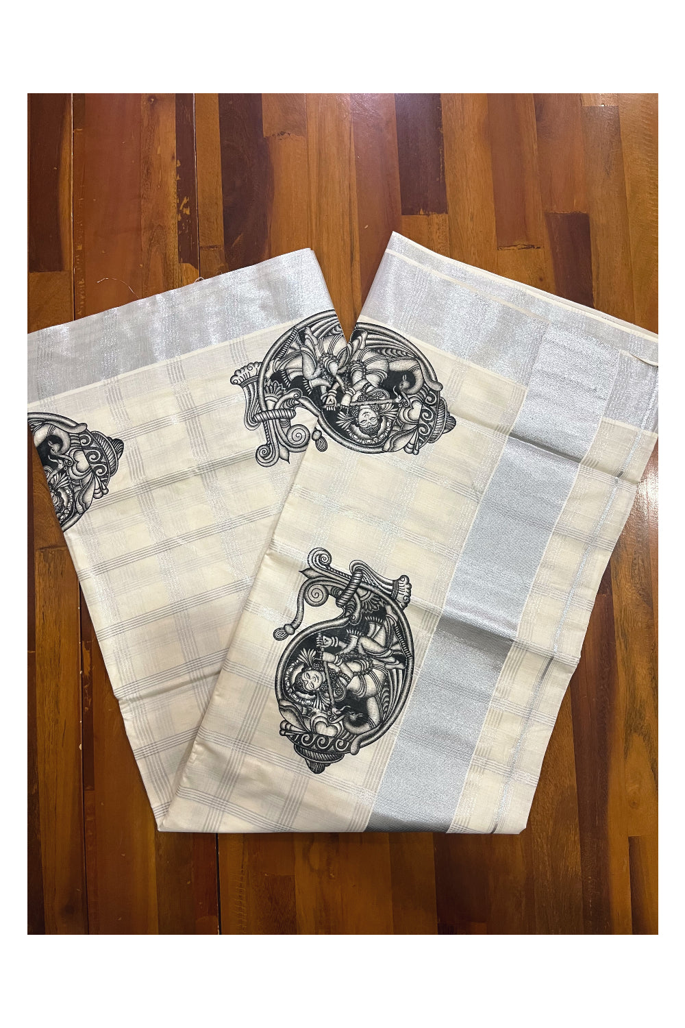 Pure Cotton Kerala Silver Kasavu Check Design Saree with Krishna on Shell Mural Prints and Black Border (Onam Saree 2023)