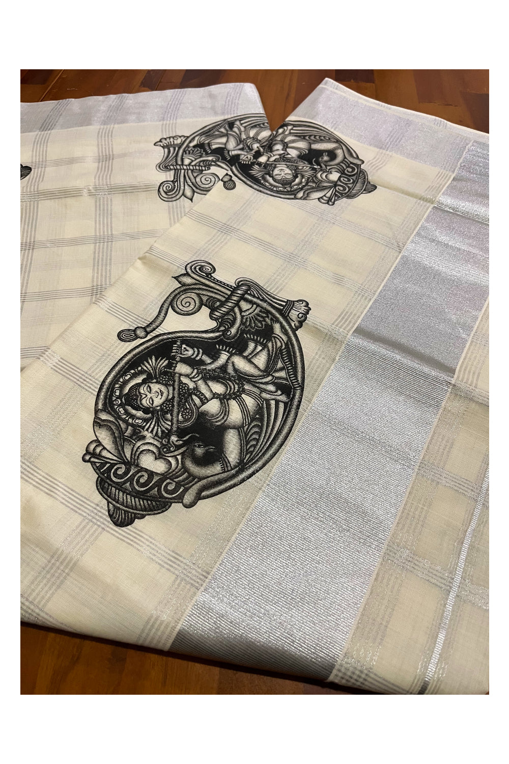 Pure Cotton Kerala Silver Kasavu Check Design Saree with Krishna on Shell Mural Prints and Black Border (Onam Saree 2023)