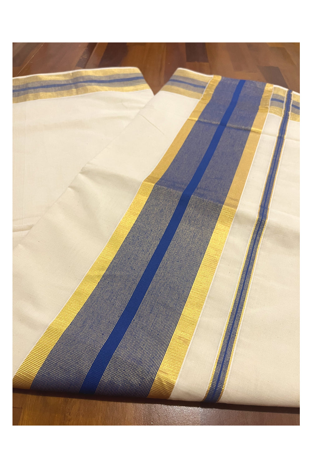 Kerala Pure Cotton Saree with Kasavu and Blue Border (Onam Saree 2023)