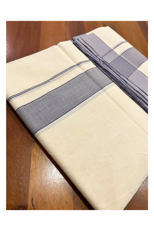 Pure Cotton 100x100 Double Mundu with Blue Line Border (South Indian Kerala Dhoti)