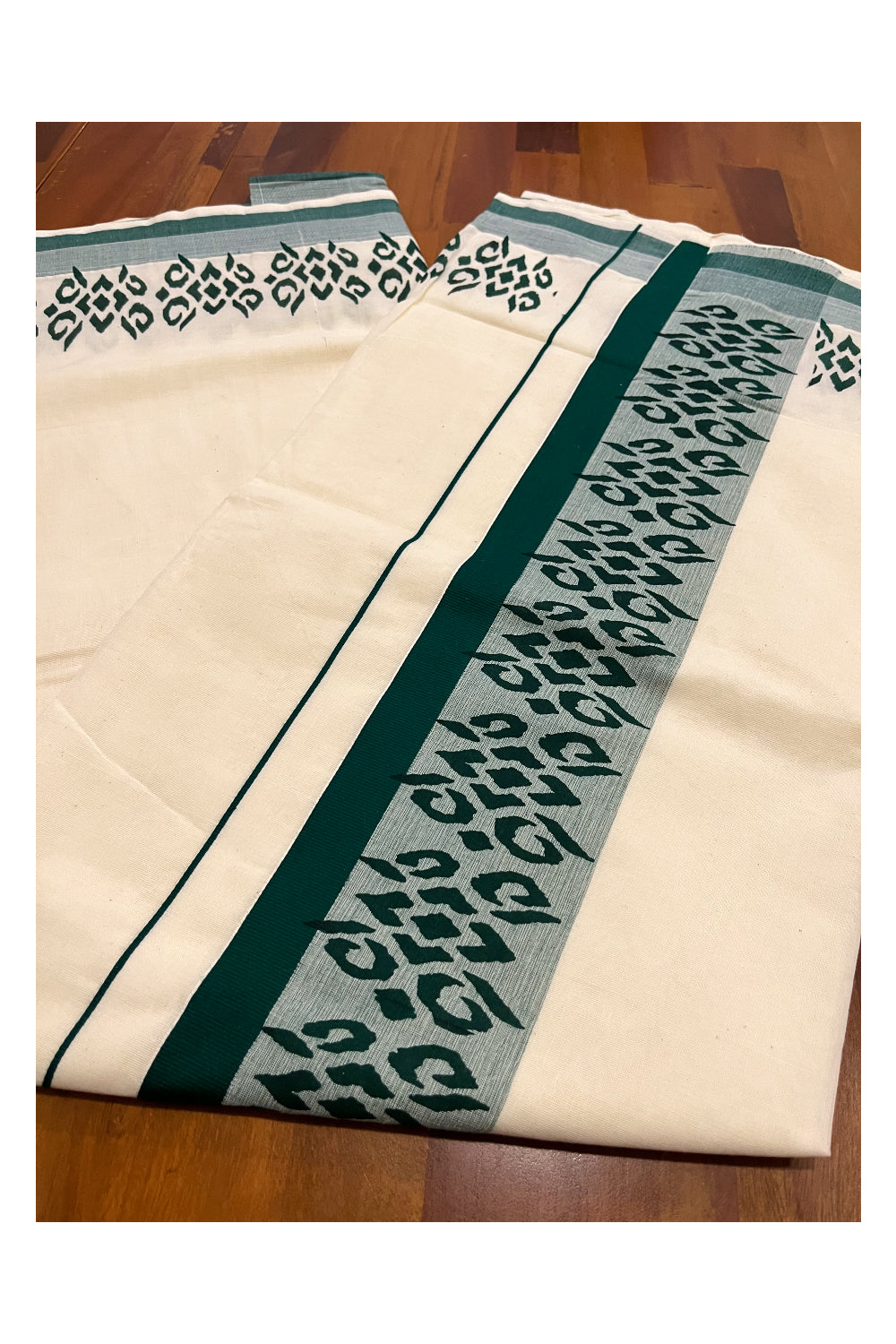 Kerala Cotton Saree with Dark Green Block Printed Border