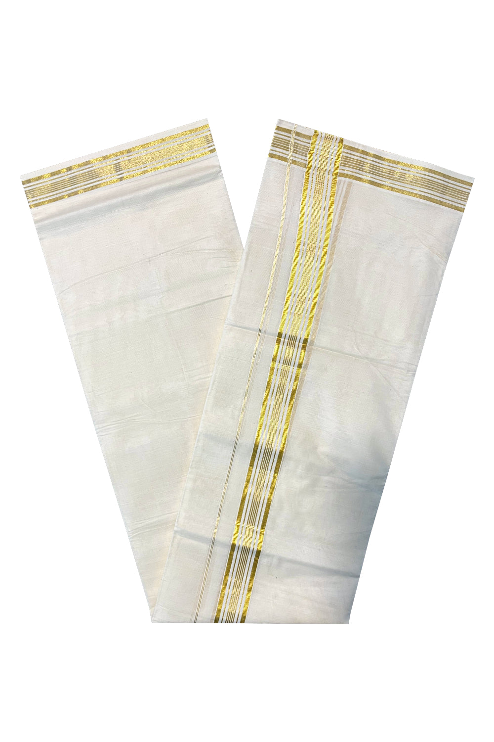 Pure Cotton Off White Double Mundu with Gold Kasavu Lines Border (South Indian Kerala Dhoti)