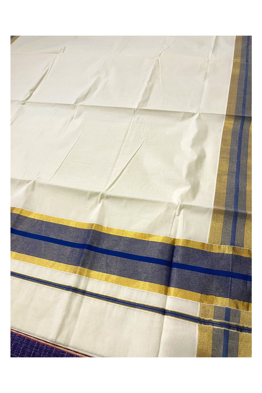 Kerala Pure Cotton Saree with Kasavu and Blue Border (Onam Saree 2023)