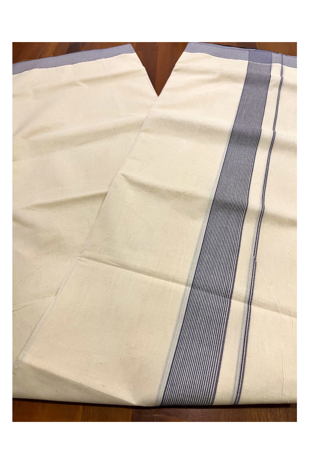 Pure Cotton 100x100 Double Mundu with Blue Line Border (South Indian Kerala Dhoti)