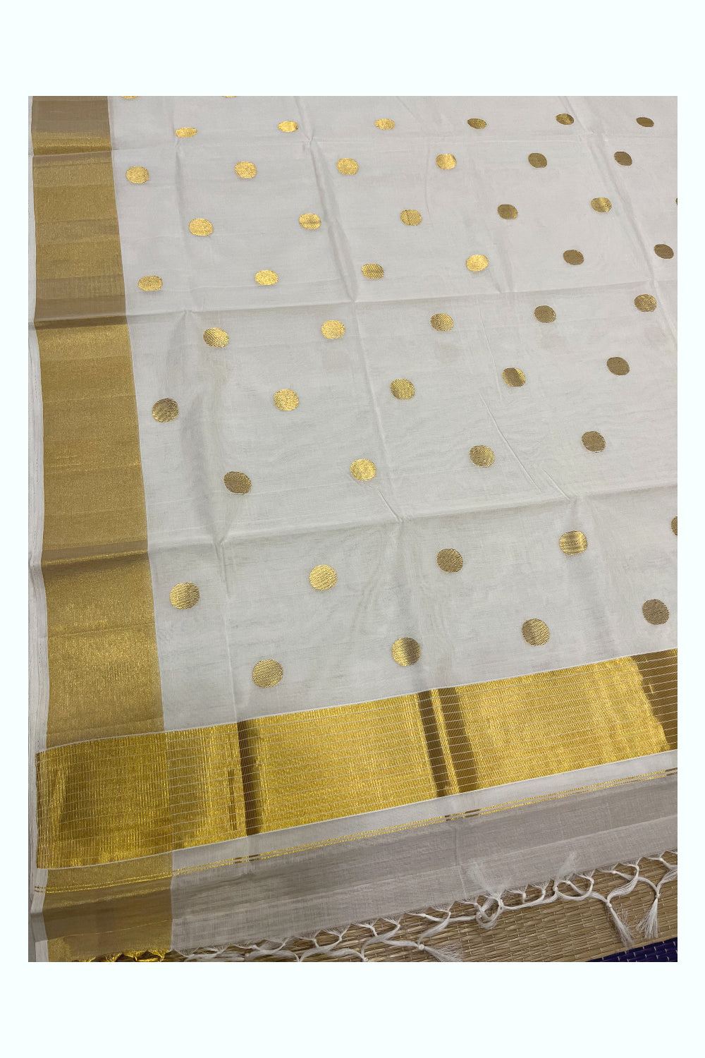 Southloom Premium Handloom Cotton Kasavu Saree with Golden Polka Woven Designs Across the Body