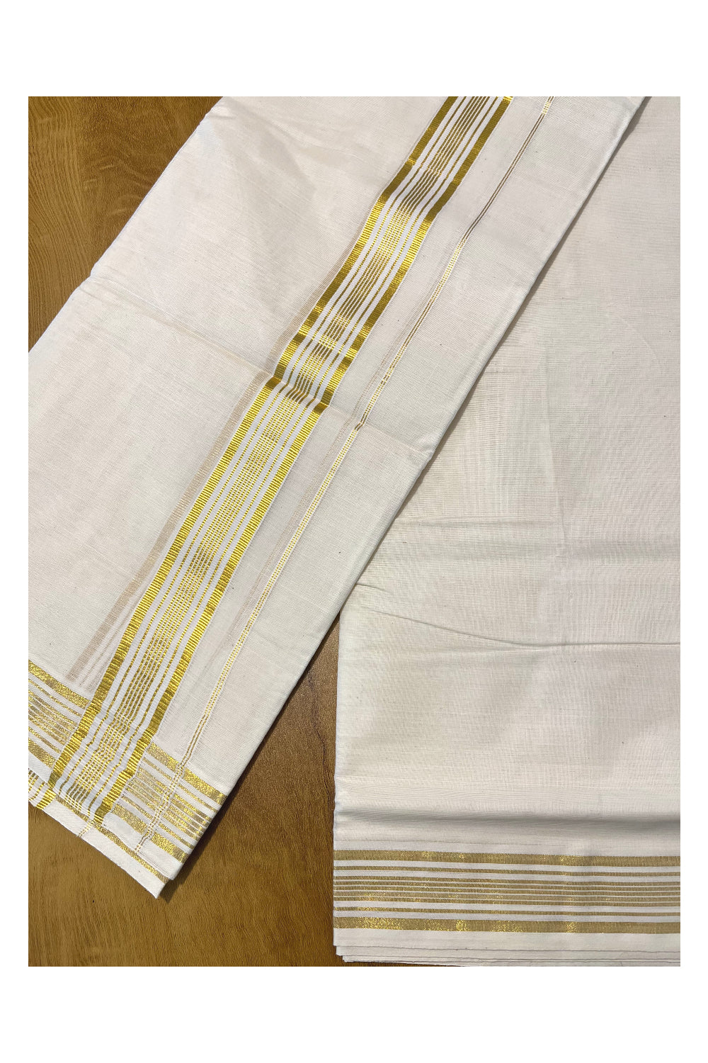 Pure Cotton Off White Double Mundu with Gold Kasavu Lines Border (South Indian Kerala Dhoti)