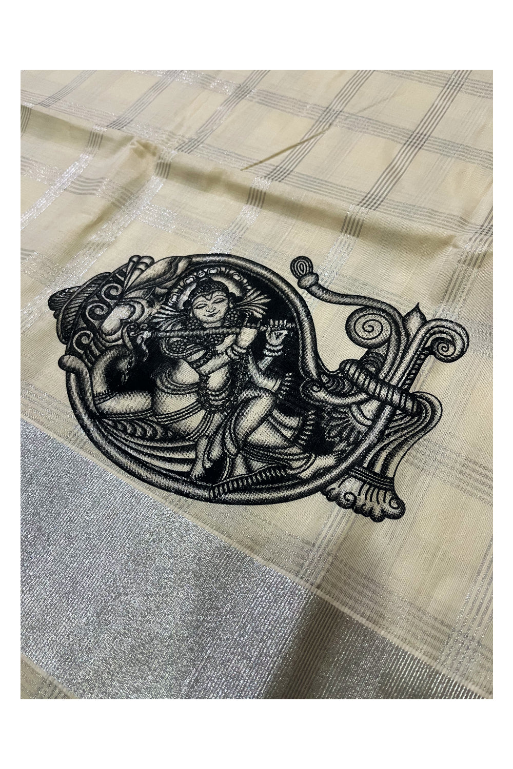 Pure Cotton Kerala Silver Kasavu Check Design Saree with Krishna on Shell Mural Prints and Black Border (Onam Saree 2023)