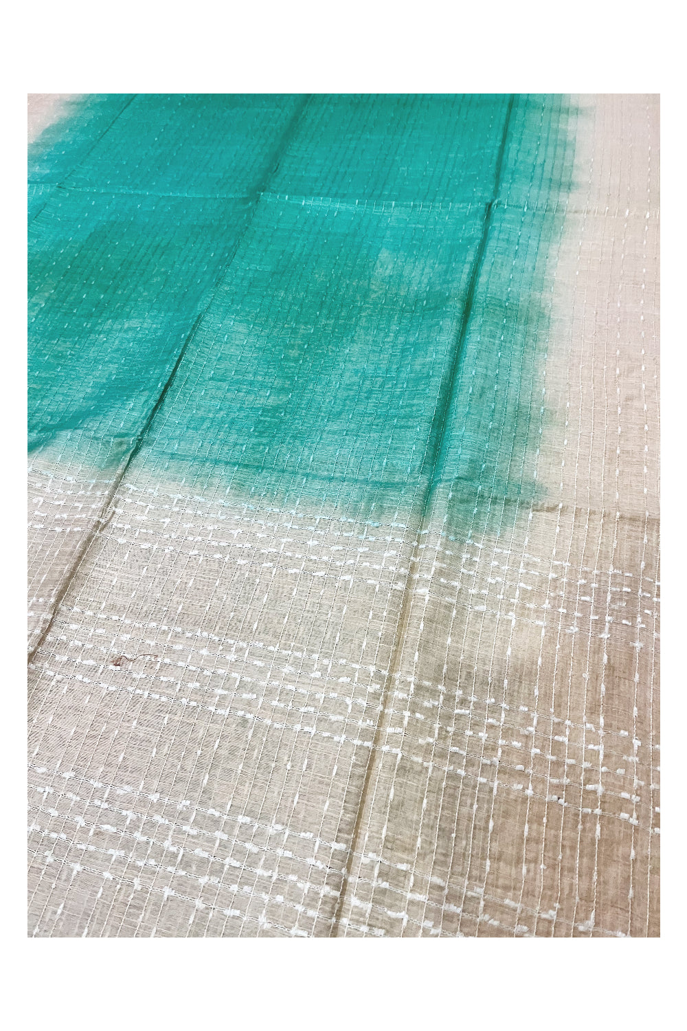 Southloom Semi Organza Check Design Turquoise Saree with Beige Border