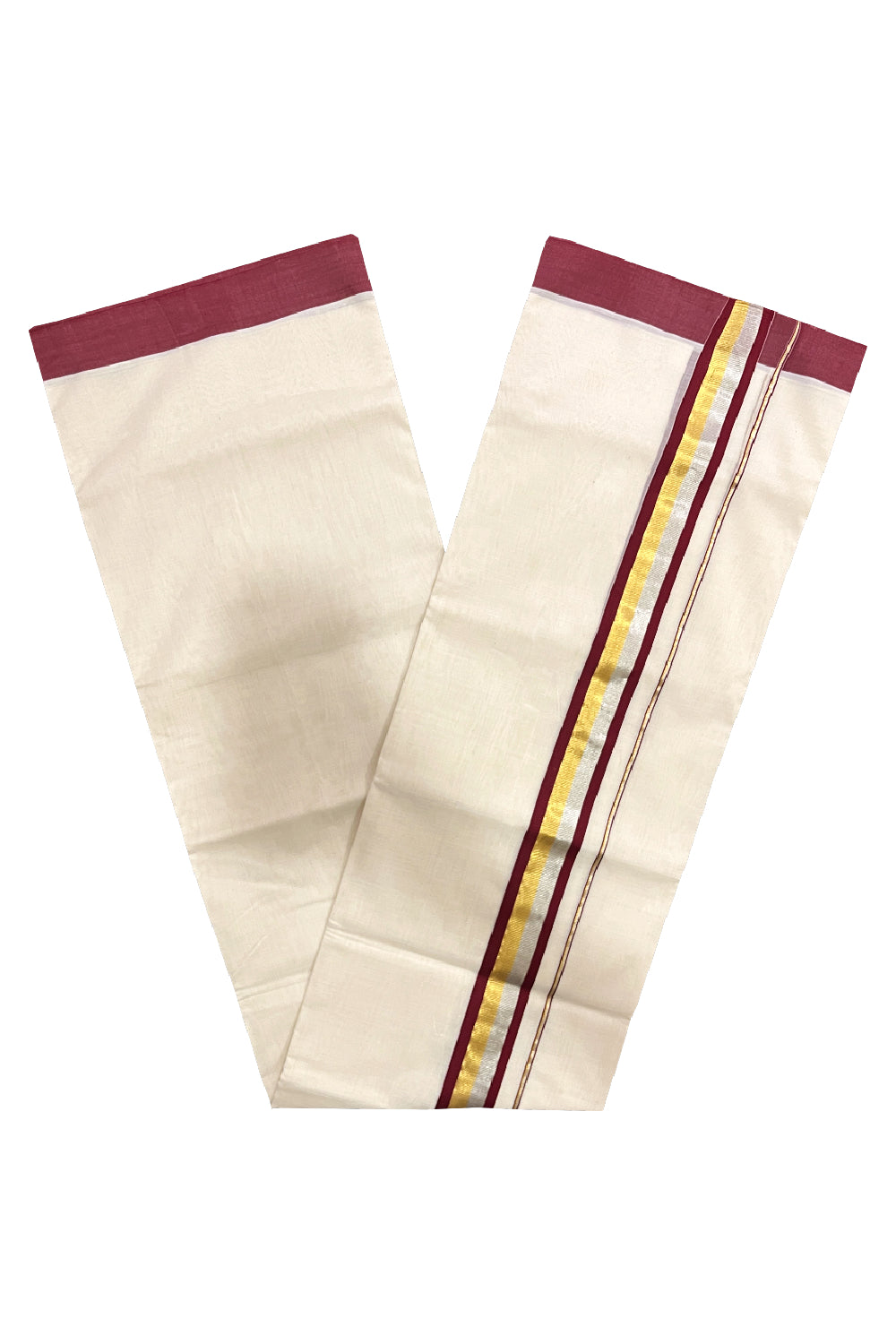 Southloom Premium Balaramapuram Unakkupaavu Handloom Mundu with Maroon Silver and Golden Kasavu Border (South Indian Dhoti)