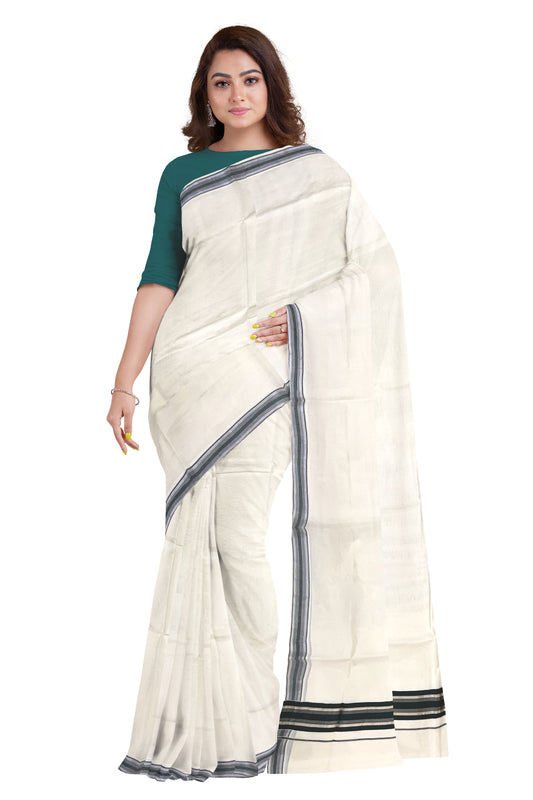 Pure Cotton Kerala Saree with Dark Green and Silver Kasavu Border (Onam Saree 2023)